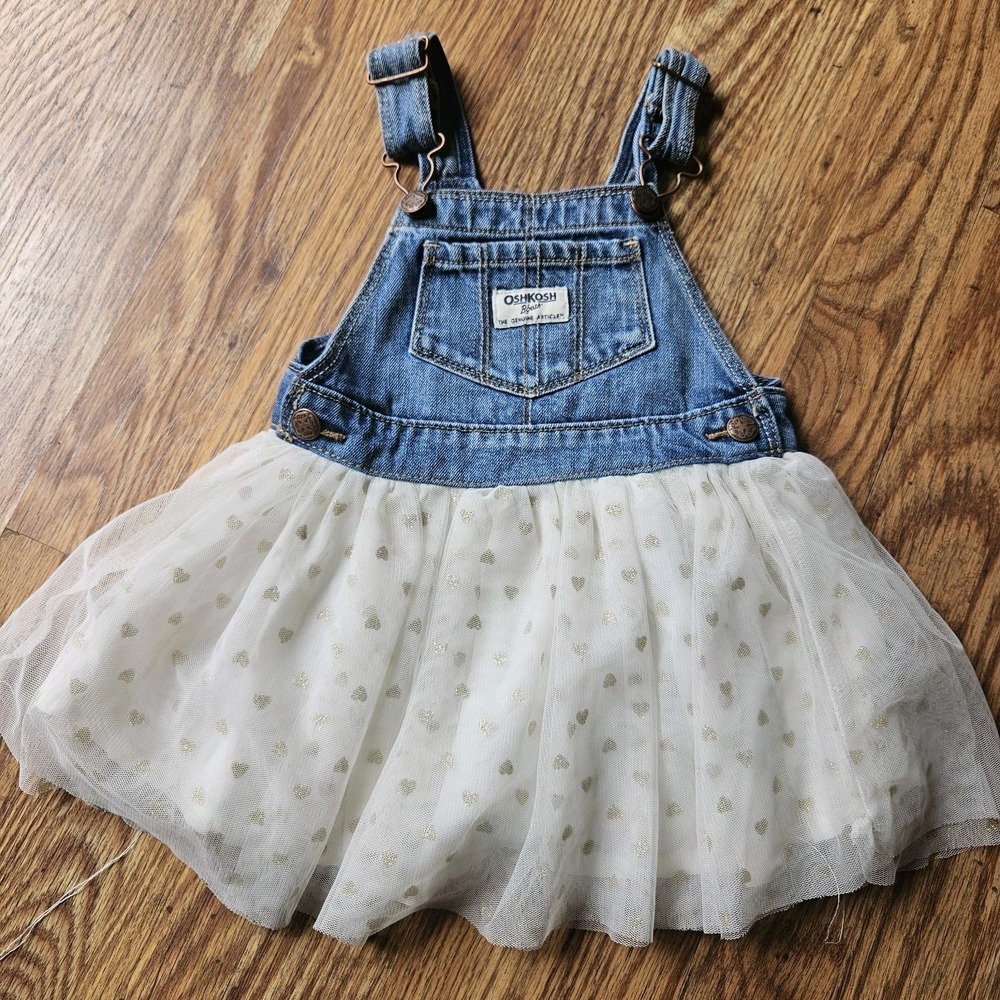 Osh Kosh B'Gosh Girls Denim Overall Dress Skirt Purple Floral Ruffle 18M